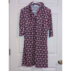 Simply Southern Dress Medium Pink Navy Ruffle Neck Shift Dress Preppy Casual